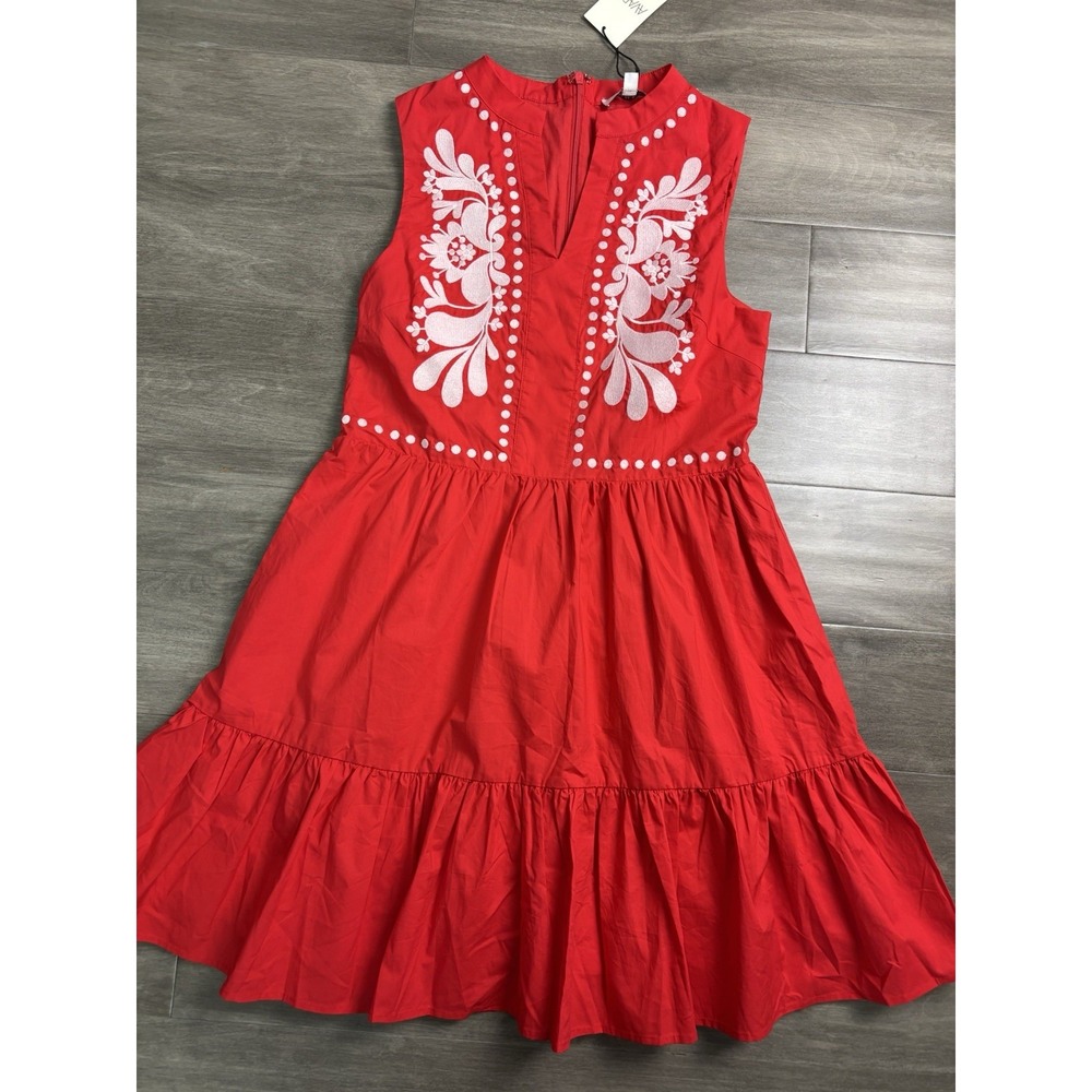 AVARA Julie Embroidered Dress Tiered Ruffle Hem Size Small Red Sleeveless Red